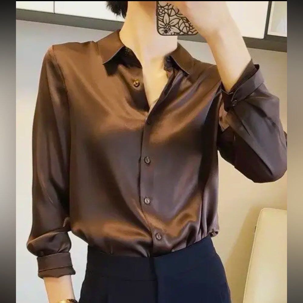 Sleek Brown Satin Button-Up Shirt